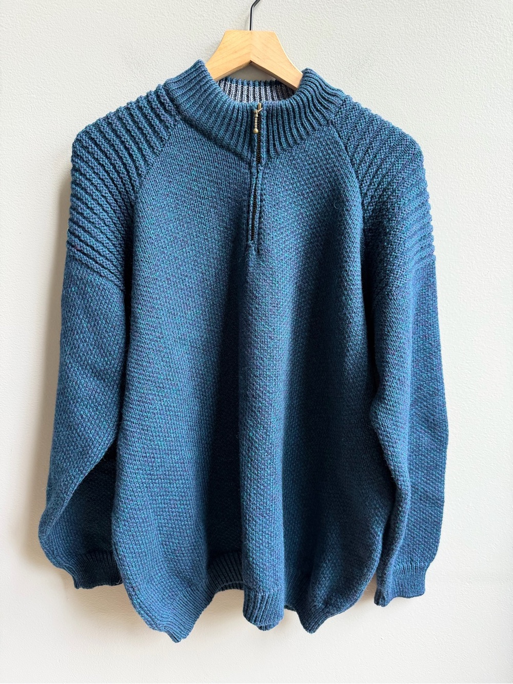 Aran Sweater Market 100% Merino Wool Zip Up Sweater Teal Blue Size XL